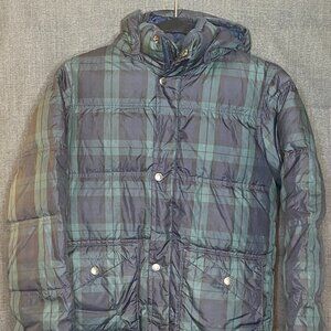 Lands' End kids Hooded down puffer jacket, M (10-12), green/ black plaid